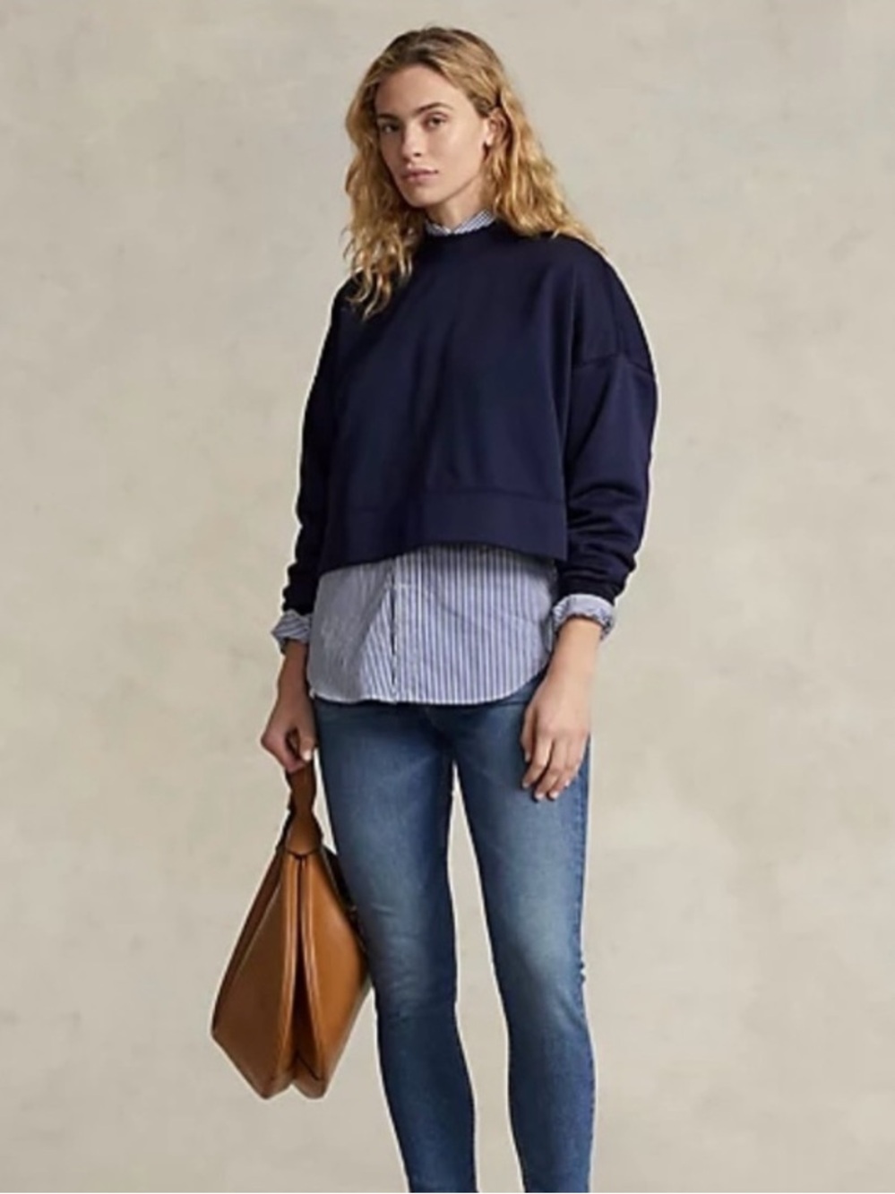 NWOT POLO RALPH LAUREN Boxy Suede-Patch French Terry Sweatshirt Navy Size Large - Picture 2 of 13